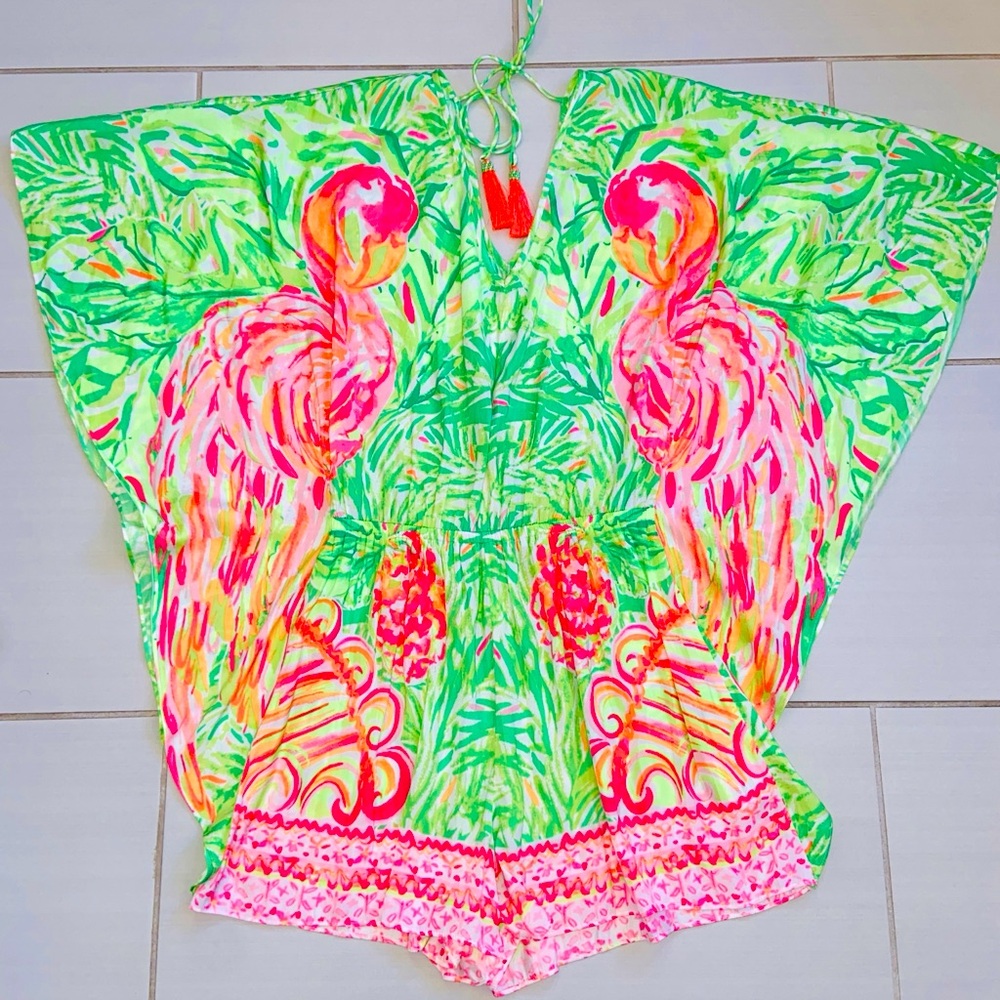 Lilly Pulitzer Mai Romper in Tiki Pink Flamingo